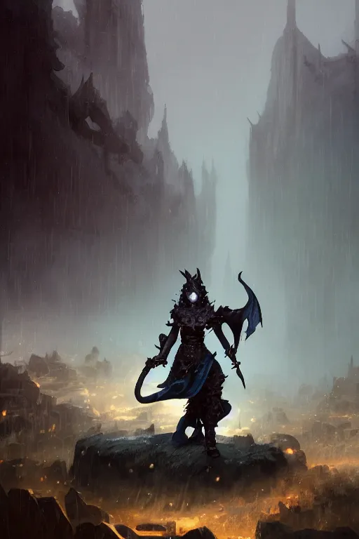 Prompt: a dragonborn huntress, raining, fire, mist by Denis Villeneuve, greg rutkowski and thomas kinkade, Finnian MacManus, Syd Mead, Trending on artstation, black and blue scheme, 8k, wide-angle lens, Unreal Engine