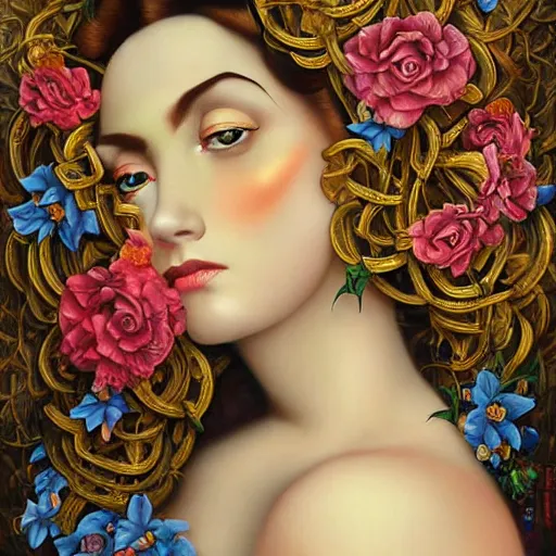 Image similar to dynamic composition, a painting of woman with hair of ( summer flowers )!! and vines wearing ornate earrings, ornate gilded details, a surrealist painting by tom bagshaw and jacek yerga and tamara de lempicka and jesse king, featured on cgsociety, pop surrealism, surrealist, dramatic lighting, wiccan, pre - raphaelite