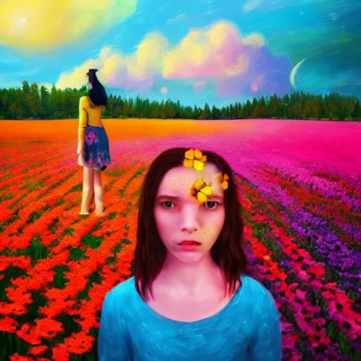 Image similar to girl with a gargantuan flower as a face, surreal photography, dream, standing in flower field, hills, big trees, sunrise dramatic light, impressionist painting, colorful clouds, digital painting, pointillism, artstation, simon stalenhag, flower face