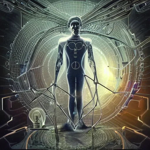 Prompt: a spiritually awakened cyborg wants to help humans free themselves from the chains of mental slavery and authoritarian politicians, surreal technological conceptual art magical cybernetic realism horror visions distopic and utopic art and the same time