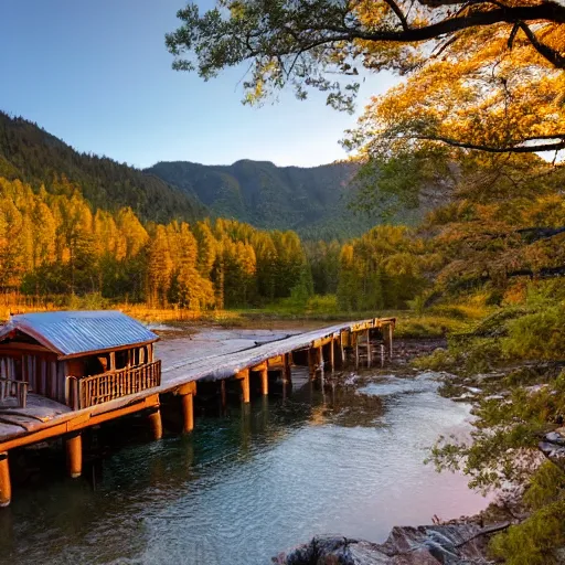 Image similar to DSLR still of a beautiful mountainside river with a pier and a log cabin at sunrise, 4k