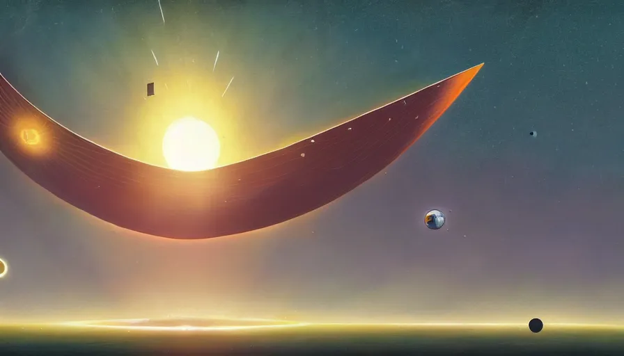 Prompt: solar sail floating in front of the sun in space, simon stalenhag