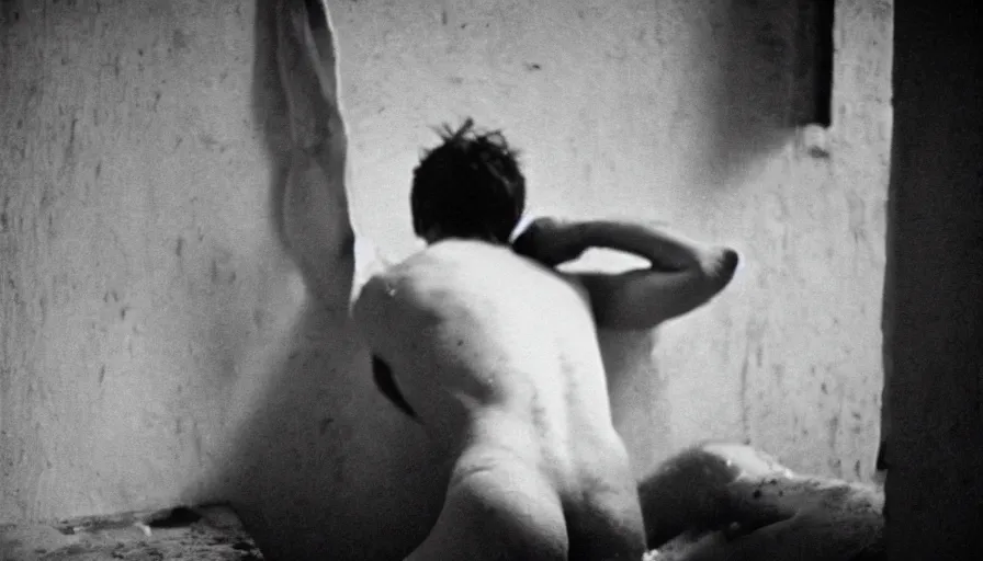 Image similar to movie still of jean - paul marat a wound at the chest, bleeding in the bath, cinestill 8 0 0 t 3 5 mm b & w, high quality, heavy grain, high detail, cinematic composition, dramatic light, anamorphic, ultra wide lens, hyperrealistic, by josef sudek