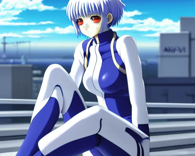 Image similar to anime art, fullbody shot of female rei ayanami, evangelion, long blue hair and large eyes, finely detailed perfect face, in a pale skintight plugsuit, sitting on rooftop, flooded city, trending on pixiv fanbox, by ilya kuvshinov, sola digital arts,, raytracing