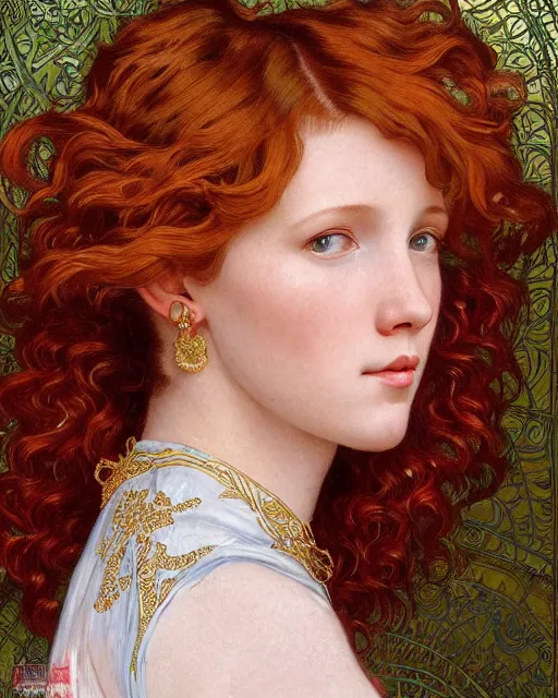 Image similar to intricate art nouveau oil painting of redheaded young millie bobby brown with long hair blowing in the wind, wearing an intricate gold lace dress, highly detailed, intricate, elegant, digital painting, smooth, sharp focus, illustration, ultra realistic, 8 k, by bouguereau, alphonse mucha, artgerm, and donato giancola