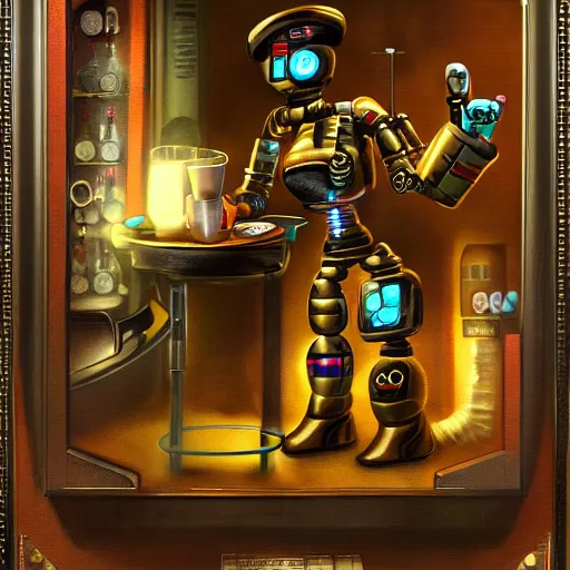 Prompt: a steampunk robot is at the sports bar and orders a drink from a cyber punk (TY beanie baby puppy), cgsociety, old master.