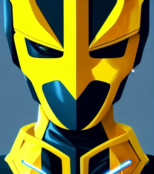 Image similar to symmetry!! yellow ranger, thunder - bolt - shaped eye!!, hard edges, product render retro - futuristic poster scifi, thunderbolt and neon circuits, intricate, elegant, highly detailed, digital painting, artstation, concept art, smooth, sharp focus, illustration, dreamlike, art by artgerm