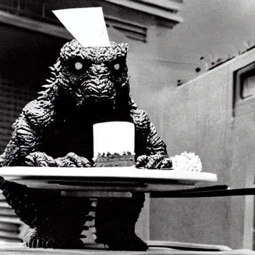 Prompt: godzilla celebrating his birthday, eating cake, wearing a birthday hat