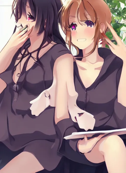 Image similar to two beautiful mothers sitting across from each other, summer clothes, gorgeous faces, thick lines, cinematic lighting, detailed anime art