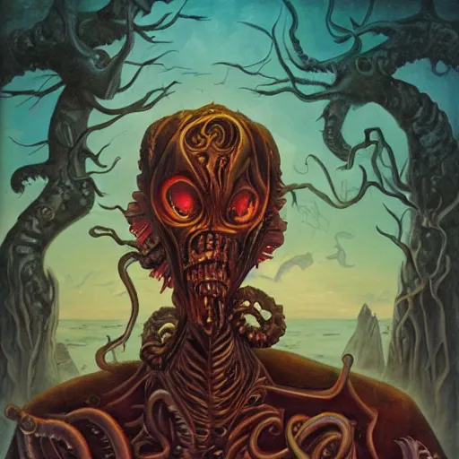 Image similar to a portrait of an eldritch abomination in a scenic environment in the style of gerald brom, lovecraftian
