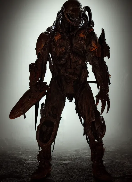 Prompt: a photorealistic dramatic hyperrealistic render of predator the alien hunter, ultra realistic details, well worn, rust, oil stains designed by vitaly bulgarov and mike nash, beautiful dramatic dark moody tones and lighting, cinematic atmosphere, studio lighting, global illumination, shadows, dark background, octane render, 8 k