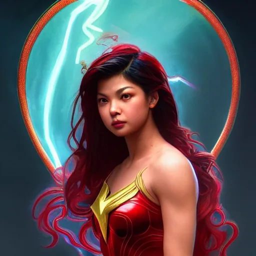 Prompt: young angel locsin as darna, volumetric lights, red and cyan theme, art nouveau botanicals, intricate, highly detailed, digital painting, artstation, concept art, smooth, sharp focus, cinematic, illustration, beautiful face, art by artgerm and greg rutkowski and alphonse mucha