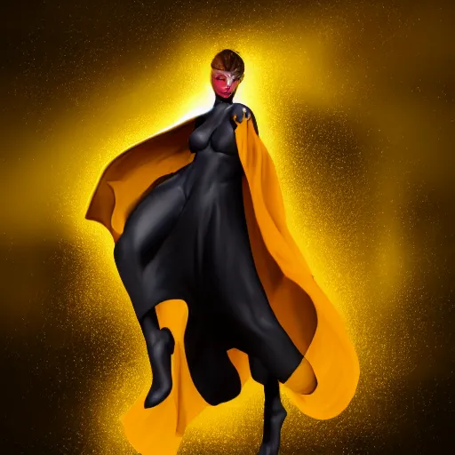 Image similar to award - winning. trending on artstation. 4 k. expressive. a figure wearing layered yellow robes while a black hole floats in space behind them. dark background. in the style of victor antonov