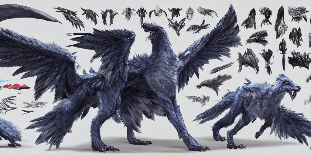 Image similar to Azure feathered winged wolf character design sheet, Monster Hunter Illustrations art book, big claws, huge wings, long tail, Moebius, Greg Rutkowski, Zabrocki, Karlkka, Jayison Devadas, Phuoc Quan, trending on Artstation, 8K, ultra wide angle, zenith view, pincushion lens effect.