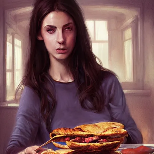 Image similar to portrait of a brunette skinny irish woman with blu eyes eating kebab, light stubble with red shirt inside victorian mansion ,digital art,photorealistoc,art by greg rutkowski,hyperdetailed,western comic style,comic,comic style,sharp lineart,professional lighting,deviantart,artstation,trevor henderson,rossdtaws,cinematic,dramatic