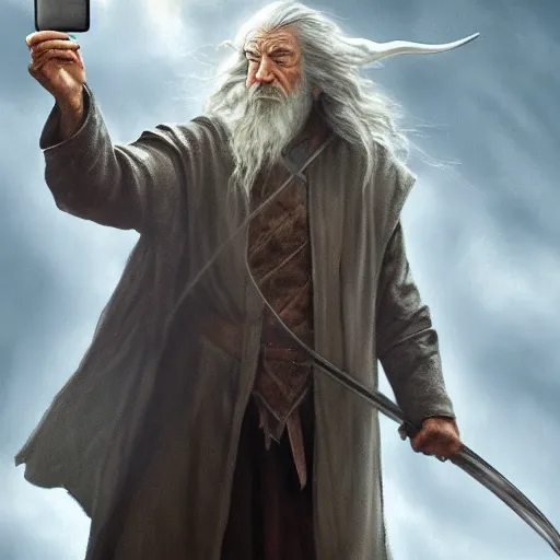 Prompt: Movie still of Saul Goodman as Gandalf holding a phone, fantasy, highly detailed, digital painting, artstation, concept art, sharp focus, illustration, art by Tony Sart and artgerm and randy vargas