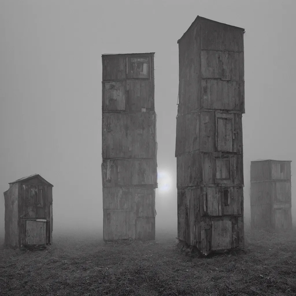 Prompt: two towers, made up of makeshift squatter shacks, uneven dense fog, dystopia, mamiya, fully frontal view, photographed by jeanette hagglund