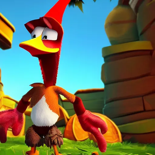 Image similar to screenshot of a cute wacky humanoid goose enemy with a coat in crash bandicoot video game, crash bandicoot 4, playstation 1 era graphics, activision blizzard style, 4 k upscaled graphics