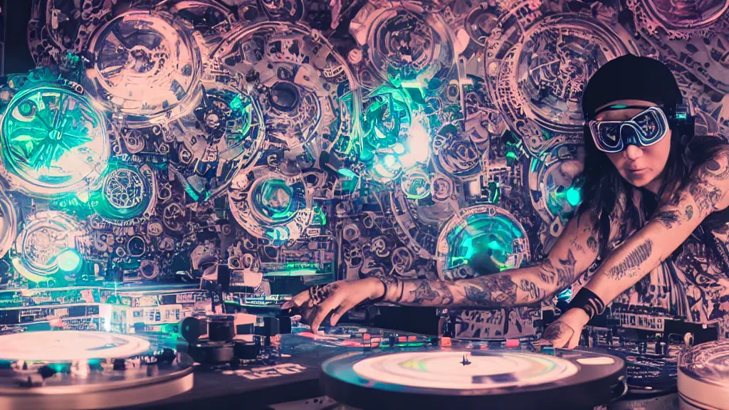 Image similar to a tattooed woman wearing goggles and visor and headphones using an intricate clockwork record player turntable contraption, robot arms, turntablism dj scratching, intricate planetary gears, cinematic, sharp focus, led light strips, bokeh, iridescent, black light, fog machine, hazy, computer screens, lasers, spotlights, light trails, hyper color photograph