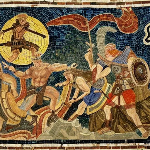 Image similar to beautiful roman mosaic of odin, thor and loki fighting jutonns in ragnarok, rome, 1 0 0 ad