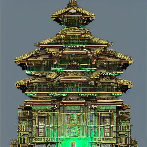 Prompt: strange temple, extreme long shot, the building is covert with glyphs and on the top of the temple big gold design intricated, hyper detailed, trending on artstation, green tones, glow