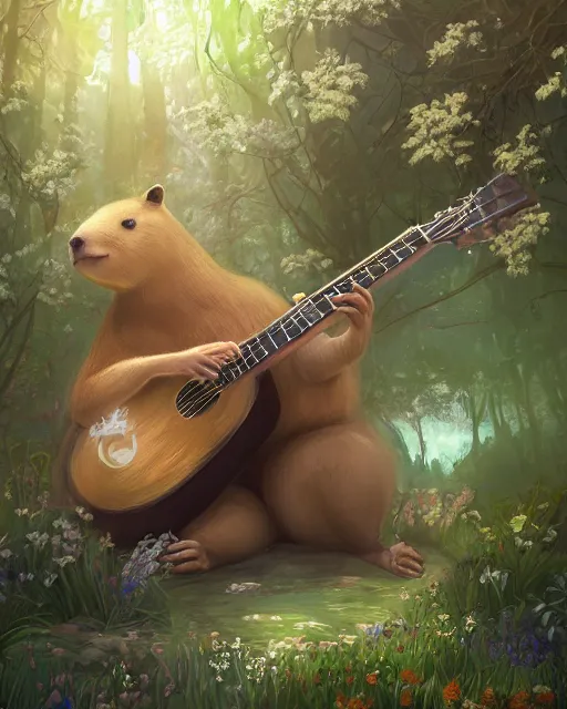 Image similar to Capybara playing Guitar in magical forest, portrait, flowers, flower dress, magic the gathering artwork, D&D, fantasy, cinematic lighting, centered, symmetrical, highly detailed, digital painting, artstation, concept art, smooth, sharp focus, illustration, volumetric lighting, epic Composition, 8k, art by Akihiko Yoshida and Greg Rutkowski and Craig Mullins, oil painting, cgsociety