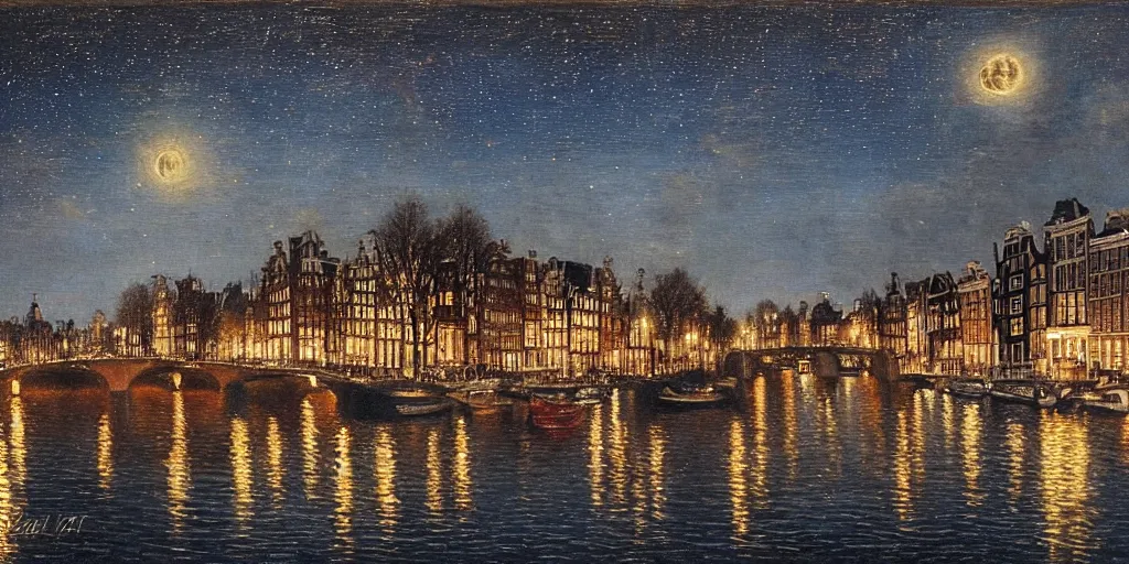 Image similar to view from the amstel river in amsterdam at night, sky full of stars, art by ippolito caffi, very beautiful, intricate, highly detailed, romantic painting