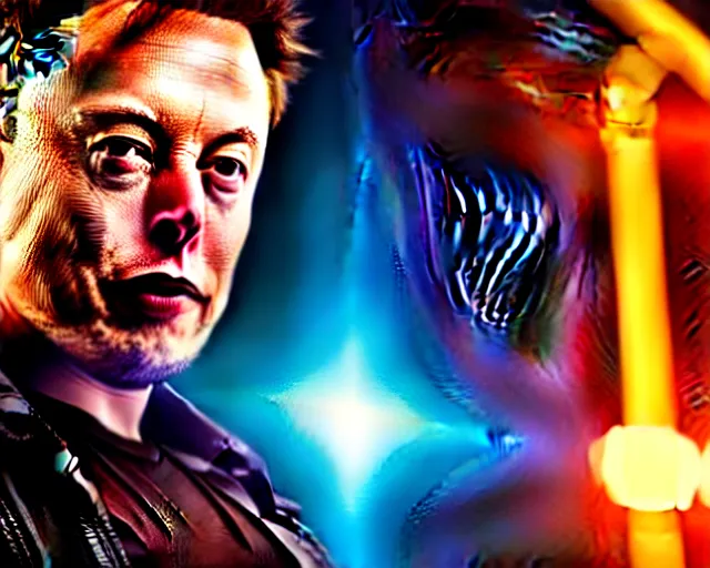 Image similar to 2 8 mm closeup portrait of elon musk top fragging in his live action video game, pipes, wires, dramatic lighting, octane, blue lights, lens flare, industrial, dirty, trending on artstation, golden ratio, h. r. giger, mist, action, volumetric lighting