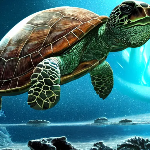 Prompt: giant turtle in space, giant turtle inside water, turtle glacier, 3 d render, high quality image, turtle world, waterbodies, soft, concept art, intricate details, highly detailed, colorful, photorealistic, disney pixar, octane render, iridescent, anime, 8 k
