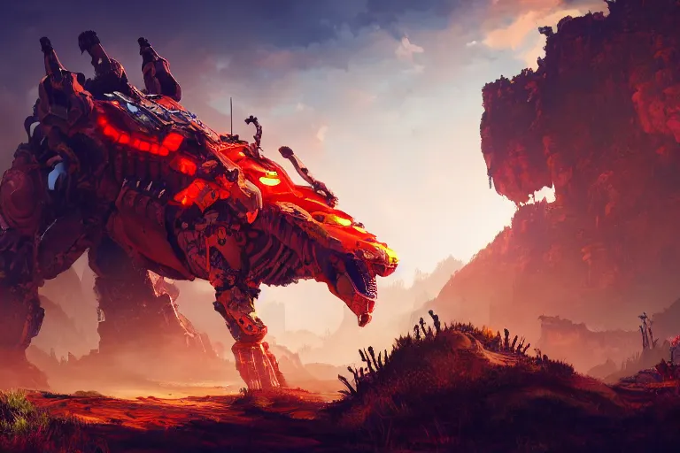 Image similar to fireclaw machine mecanical creature robot of horizon forbidden west horizon zero dawn bioluminiscence global illumination ray tracing hdr fanart arstation by ian pesty and alena aenami artworks in 4 k