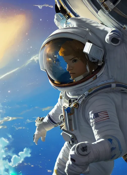 Image similar to Beautiful NASA astronaut in space, screenshot from Breath of the Wild, oil on canvas. Cinematic, hyper realism, realistic proportions, dramatic lighting, high detail 4k