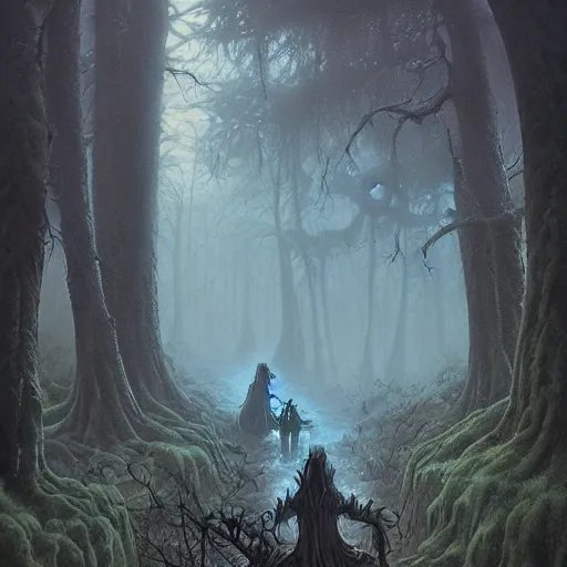 Image similar to evil toads in the forest, foggy, atmospheric, highly detailed, hyperrealistic, gothic horror, gerald brom, tony sart, larry elmore, anato finnstark