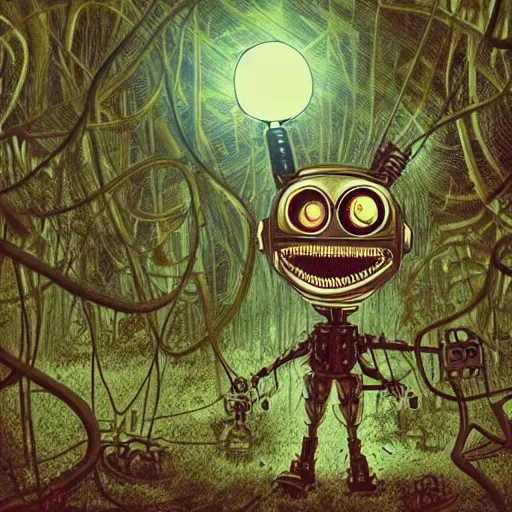 Prompt: mechanical_steampunk_robot_with_large_head_and_glowing_eyes_in_haunted_swamp_surrounded_by_dense_forest_with_vines_hanging_from_trees_creepy_a_-W_1024_-n_9_-i