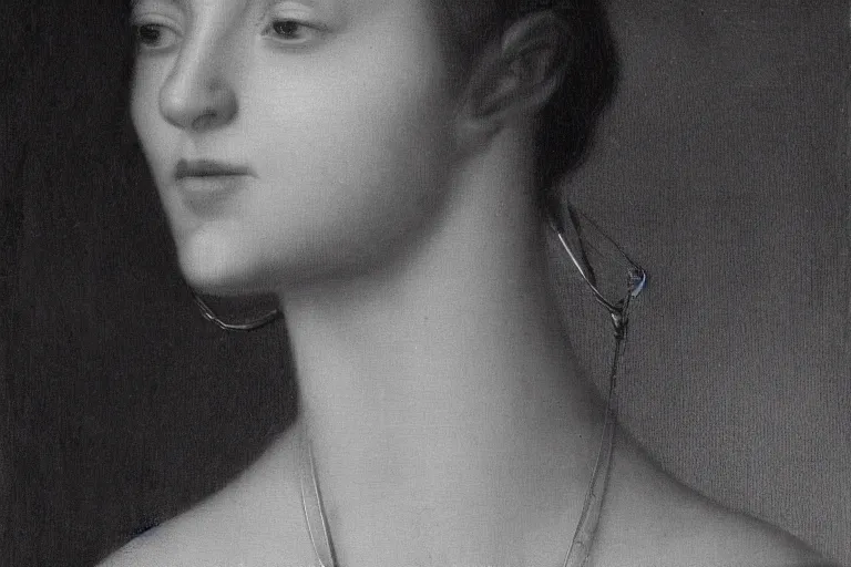 Image similar to portrait of a female, closeup of neck, wearing a neckless with Saturn as the pendant