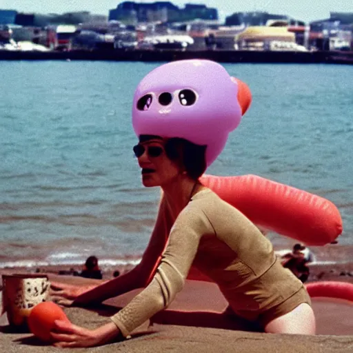 Prompt: 1976 middle aged woman wearing a transluscent inflatable toy head at the seaside 1976 French film archival footage technicolor film expired film 16mm Fellini new wave John Waters