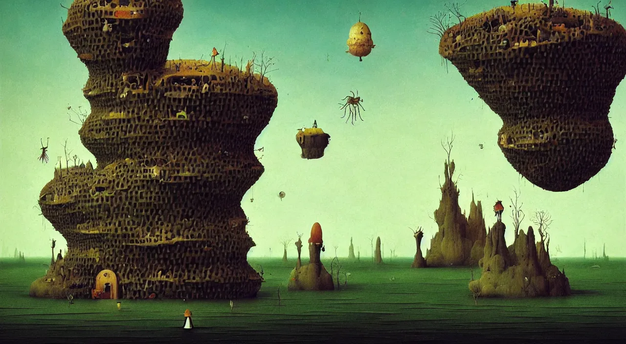 Image similar to single flooded simple!! rock hive tower anatomy, very coherent and colorful high contrast masterpiece by franz sedlacek hieronymus bosch dean ellis simon stalenhag rene magritte gediminas pranckevicius, dark shadows, sunny day, hard lighting