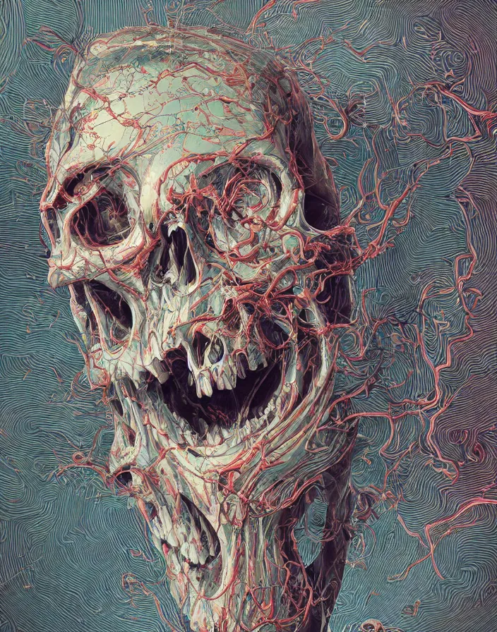 Prompt: portrait of a melting skull. intricate abstract. intricate artwork. by Tooth Wu, wlop, beeple, dan mumford. octane render, trending on artstation, greg rutkowski, retrofuturism, very coherent symmetrical artwork. cinematic, hyper realism, high detail, octane render, 8k, depth of field, bokeh. neon accents