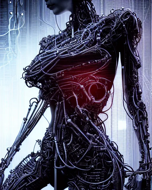 Prompt: portrait photo of a biomechanical torso of an elegant cyborg plugged into a quantum computer with cables and wires and optic fibers. cyberpunk horror style. art by luis royo. highly detailed 8 k. intricate. nikon d 8 5 0 5 5 mm. award winning photography.