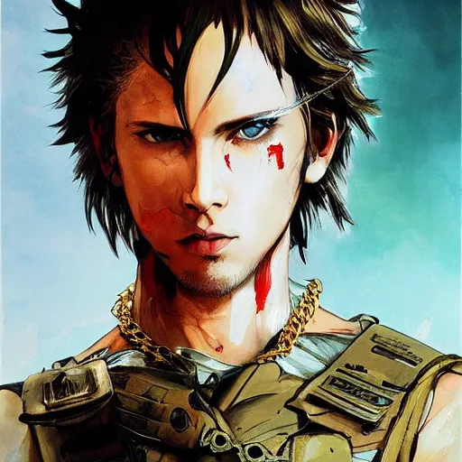 Image similar to full portrait of a young white hero using his right arm to hold his sword covering his eye by yoji shinkawa, high quality, extra details, realism, ornate, colored, golden chain, blood, white skin, short hair, brown eyes, vivid, sunlight, dynamic, american man, freedom, white american soldier, painting, cybernetics, military