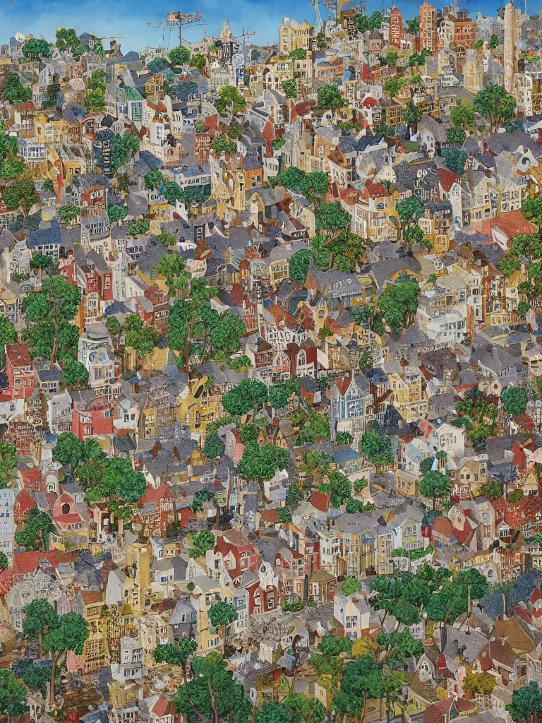 Image similar to an elaborate and dense painting of a peaceful neighborhood, detailed, made of alcohol ink on parchment and penned illustrations, by wes anderson and geoff darrow