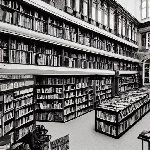 Prompt: a multistory bookshop, 85mm dslr photo by Malcolm Morley, featured on cg society, arts and crafts movement, national geographic photo, streetscape, atmospheric, early evening, cloudy