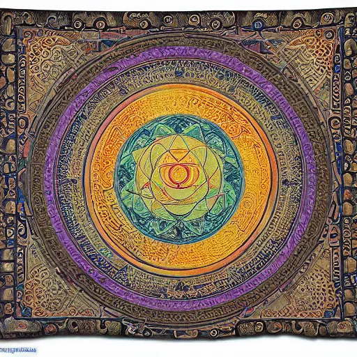 Image similar to yantra, tibetan thangka, giant lotus mandala, celestial bodies, Post apocalyptic, flying through time, portal into anotheer dimension, giant lotus mandala, intricate tapestry, ornate, highly detailed, epic, HD, 8K, rendered in vray, hiroshi yoshida, moebius, exquisite, frame H 1024 W 576