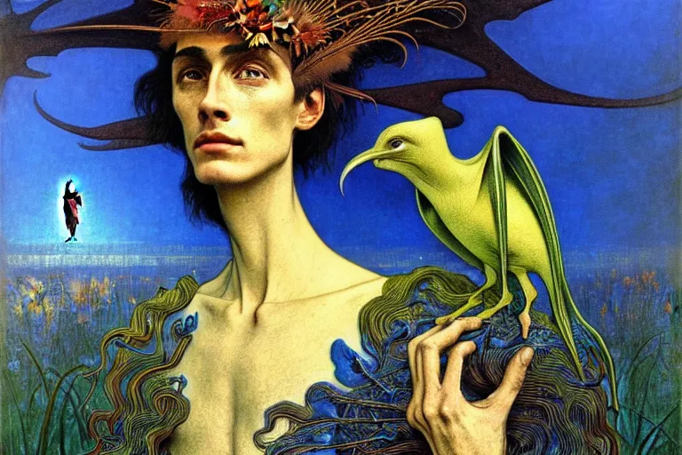 Image similar to realistic detailed portrait painting of a man with head of a bird, nightly graveyard landscape background by Max Ernst, Jean Delville, Amano, Yves Tanguy, Alphonse Mucha, Ernst Haeckel, Edward Robert Hughes, Roger Dean, masterpiece, cinematic composition, dramatic pose, 4k details, rich moody colours, blue eyes