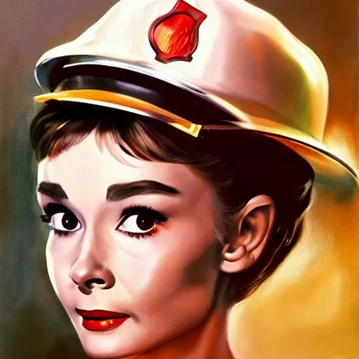 Prompt: ultra realistic portrait painting of audrey hepburn as a firefighter, art by frank frazetta, 4 k, ultra realistic, highly detailed, epic lighting.