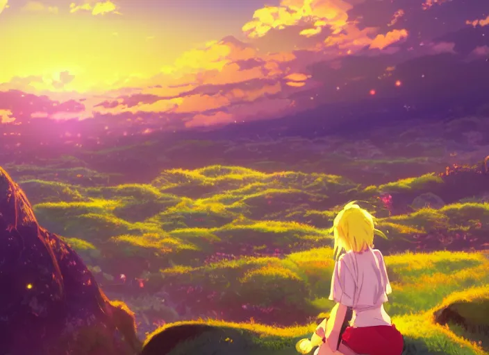 Image similar to very high quality illustration of green hills with clouds in the background, golden hour sunset, purple beautiful sky, cute anime girl with platinum blonde hair and big eyes, close to foreground, anime key visual, official media, illustrated by wlop, extremely detailed, 8 k, trending on pixiv, cinematic lighting, beautiful