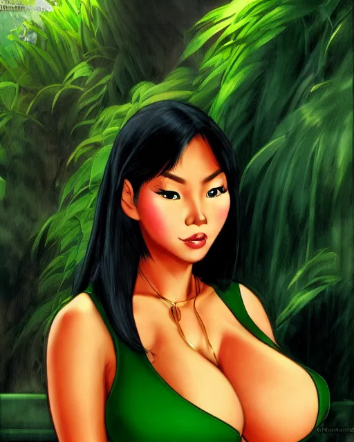 Image similar to alluring heavy filipina woman character portrait, by don bluth, wearing green blazer, sci - fi environment, highly detailed, dynamic shadows, 4 k, wallpaper - 1 0 2 4