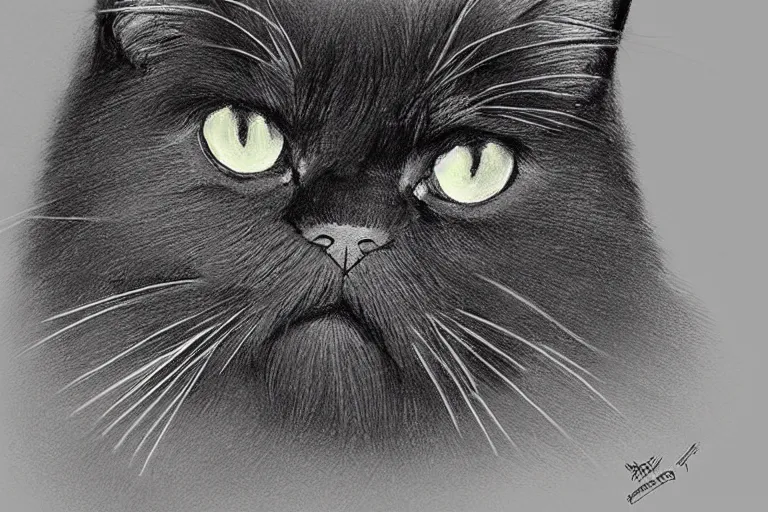 Image similar to “ a extremely detailed stunning drawings of black persian cat staring contemptuously at people at research lab by allen william on artstation ”