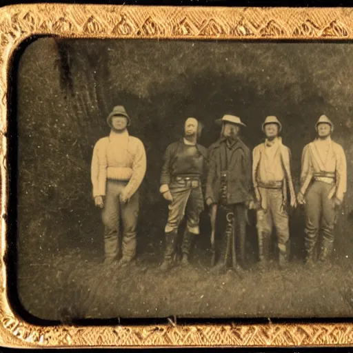 Image similar to tintype photo of hunters with a alien