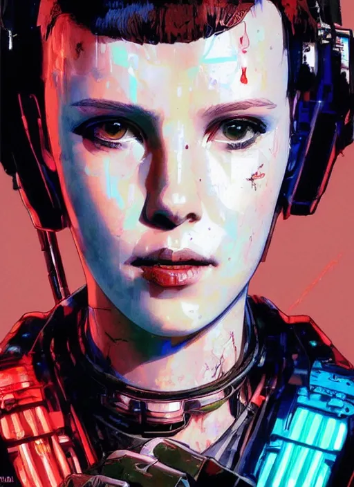 Image similar to Portrait of cyberpunk cyborg Millie Bobby Brown by Yoji Shinkawa