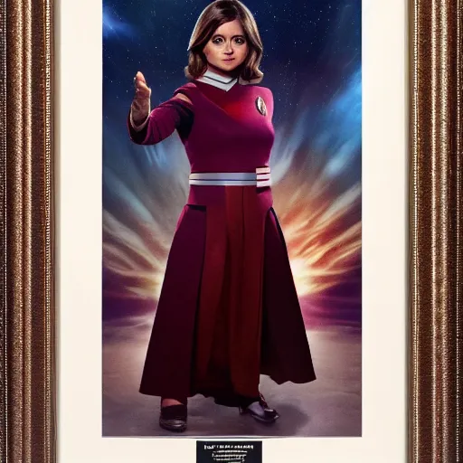 Image similar to a beautiful full body photograph of jenna coleman as a star fleet science officer from star trek next generation, full dress uniform, symmetrical face, extreme realism and detail, 8 k, completely framed, direct lighting, 3 5 mm photo, photorealistic, sharp focus